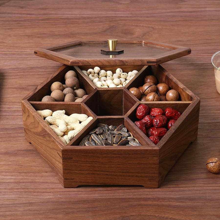 新年实木干果盒分格带盖干果盘新中式木质果盒婚庆日用黑胡桃木盒