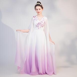 女童古筝演出服中国风紫色飘逸袖合唱服比赛考级表演钢琴演奏礼服
