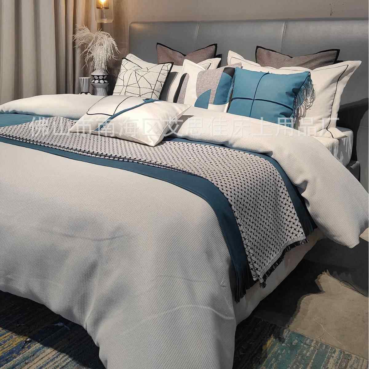 高端蓝色样现板间样板房20220302装床上展示配多件套床上用品设搭