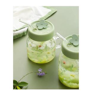 玻璃水杯茶杯带盖耐高温杯子吸管杯大容量家用女生带把手玻璃杯