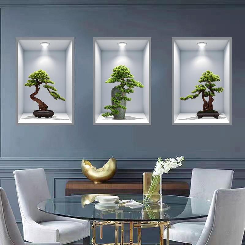 3D立体墙贴画自粘仿真效果盆栽植物贴画客厅过道三联玄关装饰画图片