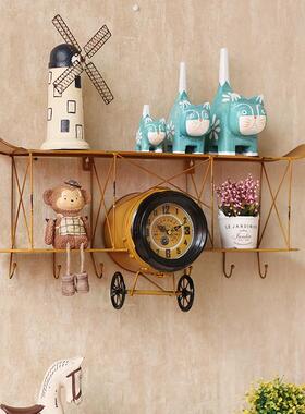 复古飞机模型置物架壁挂钩家居壁饰酒吧客厅创意钟表墙面装饰品