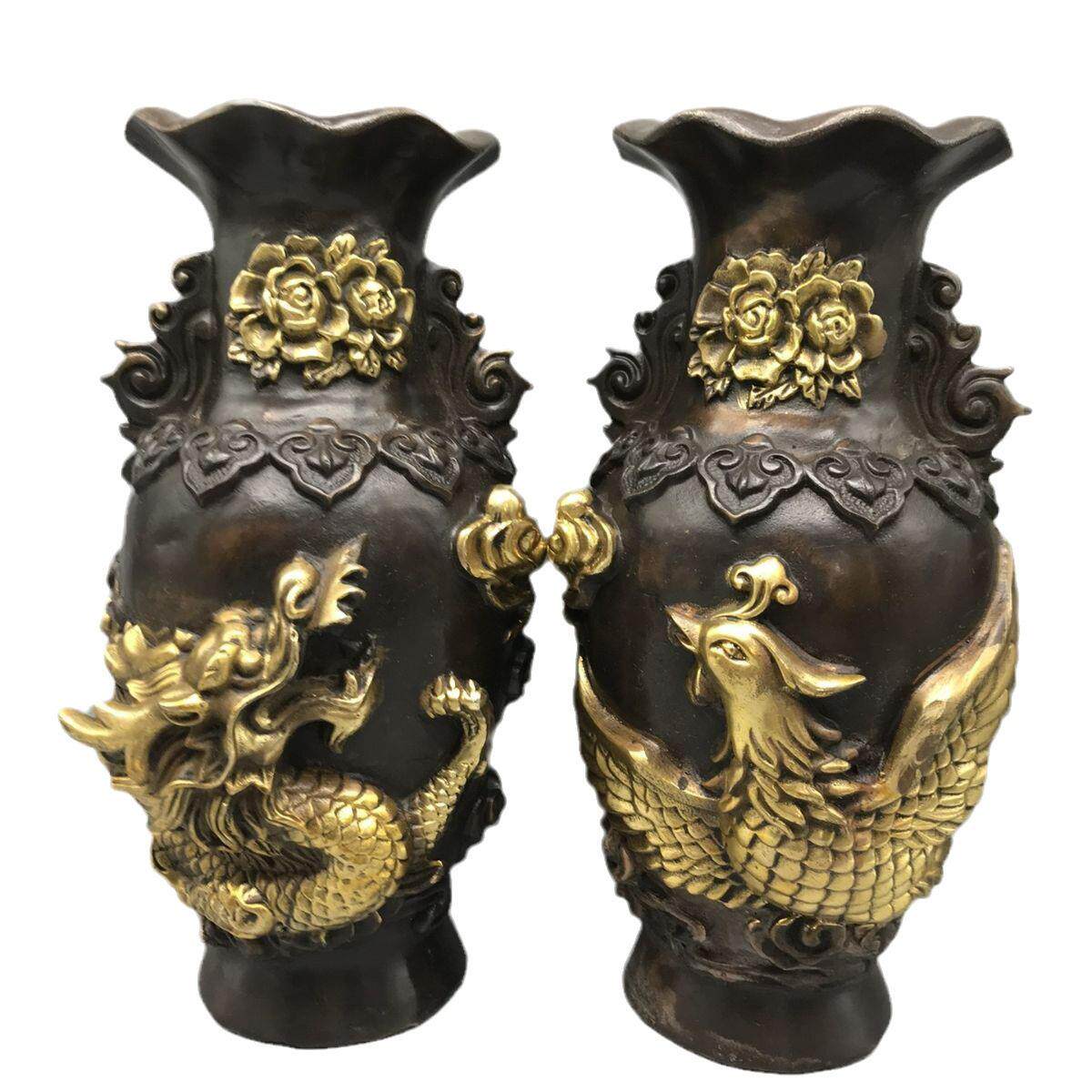 纯铜龙凤花瓶摆件仿古点金花瓶一对家居客厅工艺品装饰品摆设