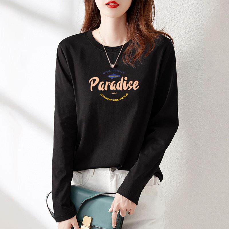 欧洲站黑色长袖T恤女2025新款春秋冬季纯棉宽松显瘦百搭印花上衣