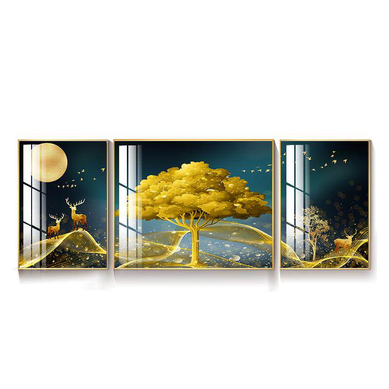 客厅装饰画北欧沙发背景墙后面的挂画轻奢餐厅大气鹿三联玻璃壁画