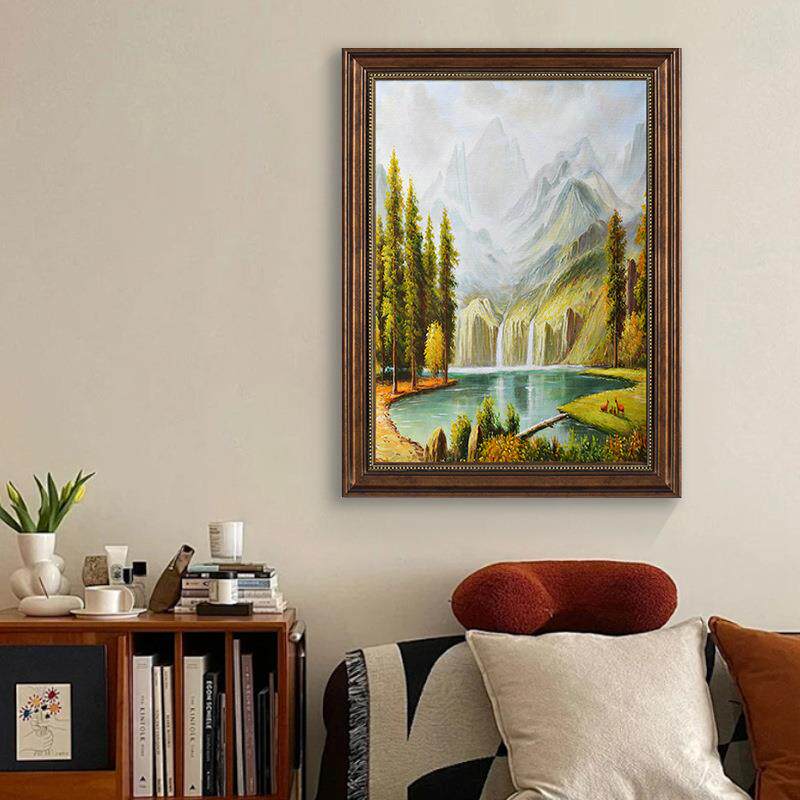 欧挂式廊聚宝盆景山风水入户玄关装饰画LY竖款聚走画竖款油画美式