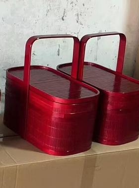 6BUJ竹篮手提篮竹编带盖古典双层野餐篮拜佛拜神祭祖香篮红色收纳