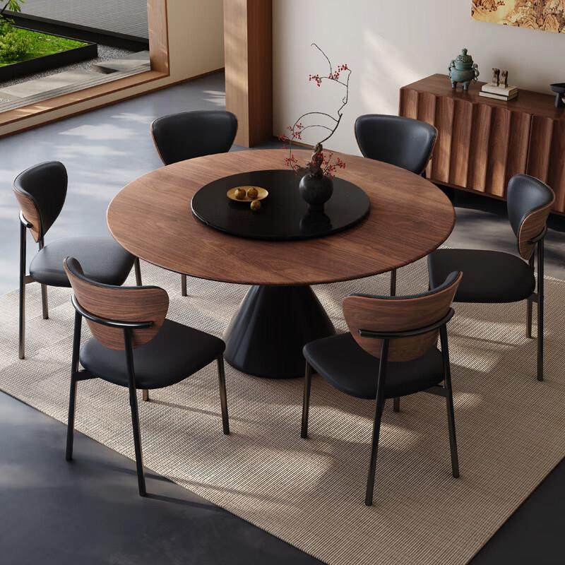 法式中古风实木圆餐桌带转盘覆古家用小户型黑胡桃木拼花圆形饭桌