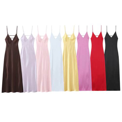 Women's suspender V-neck backless silk flute dress