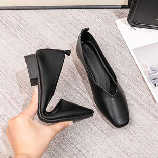 软底久站空姐工作鞋女黑色方头粗跟上班职业工装面试皮鞋低跟单鞋