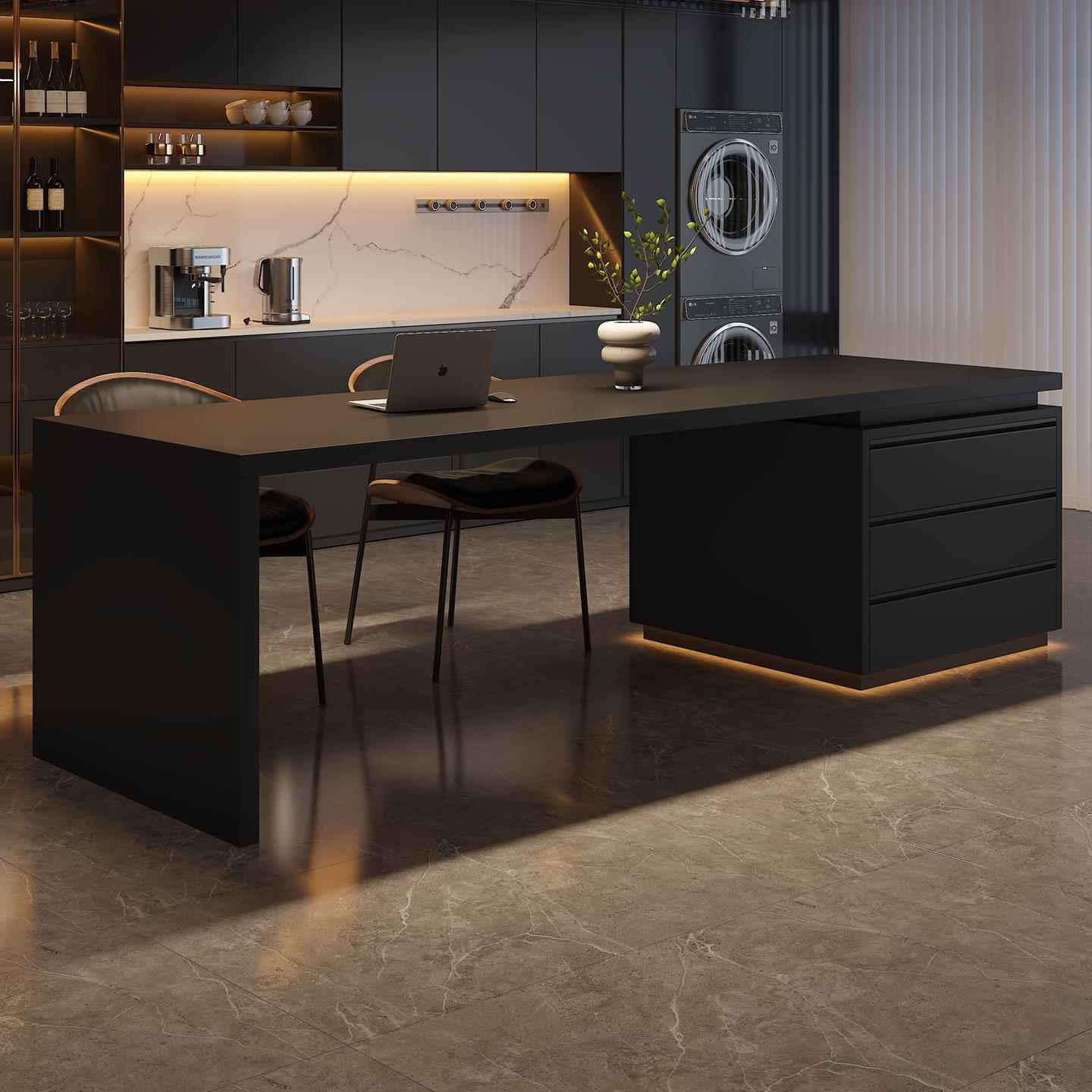 意式极简岛台餐桌一体家用开放式厨房餐厅倒台岩板腰线齐平中导台