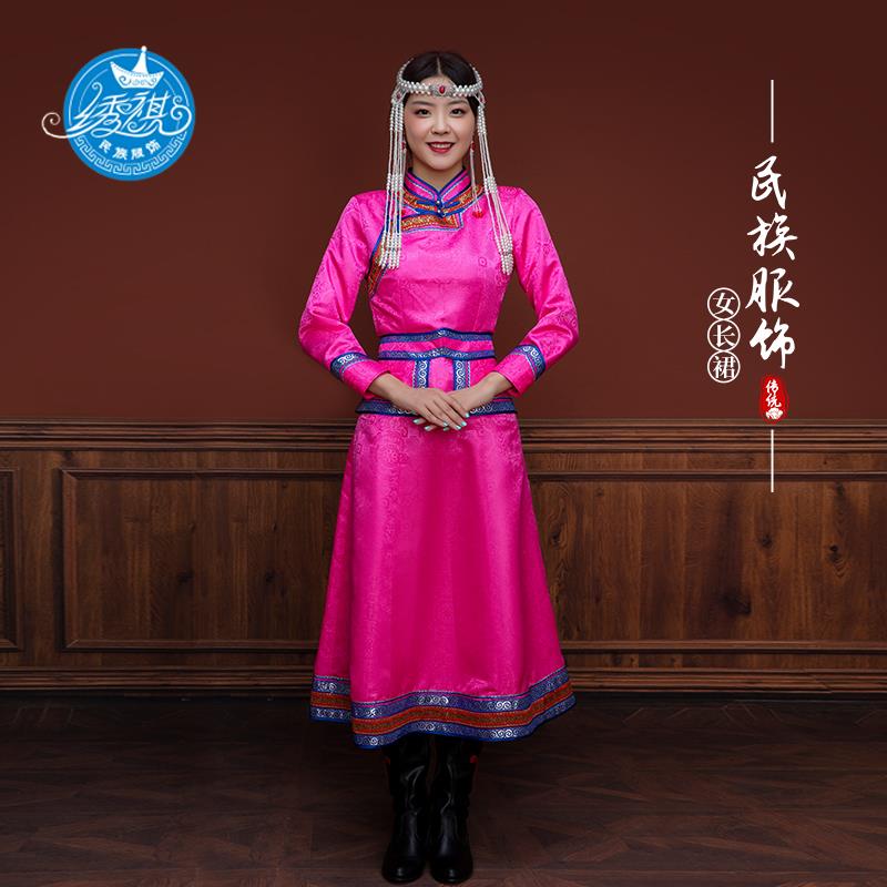 高档蒙古袍女生装长款日常活服成人蒙礼古服装白色服服演出表演舞