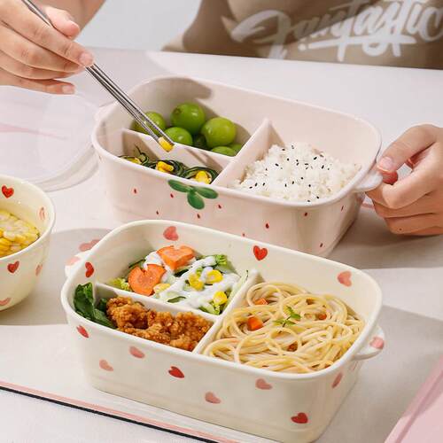 陶瓷分格饭盒打包盒微波炉加热上班族学生专用带饭餐盒带盖子保鲜