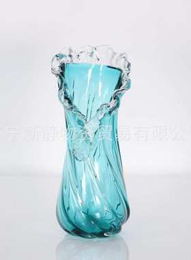 现代蓝色手工玻璃花瓶浪漫波浪花边设计师样板间装饰艺品摆件