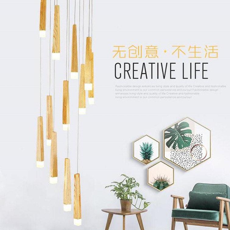 北欧创意复式楼梯长吊灯火柴棒木艺吊灯简约卧室别墅楼流星雨灯具