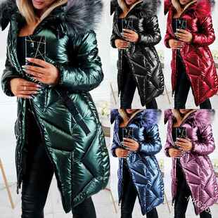Coat with shiny fur collar, medium to long cotton jacket,