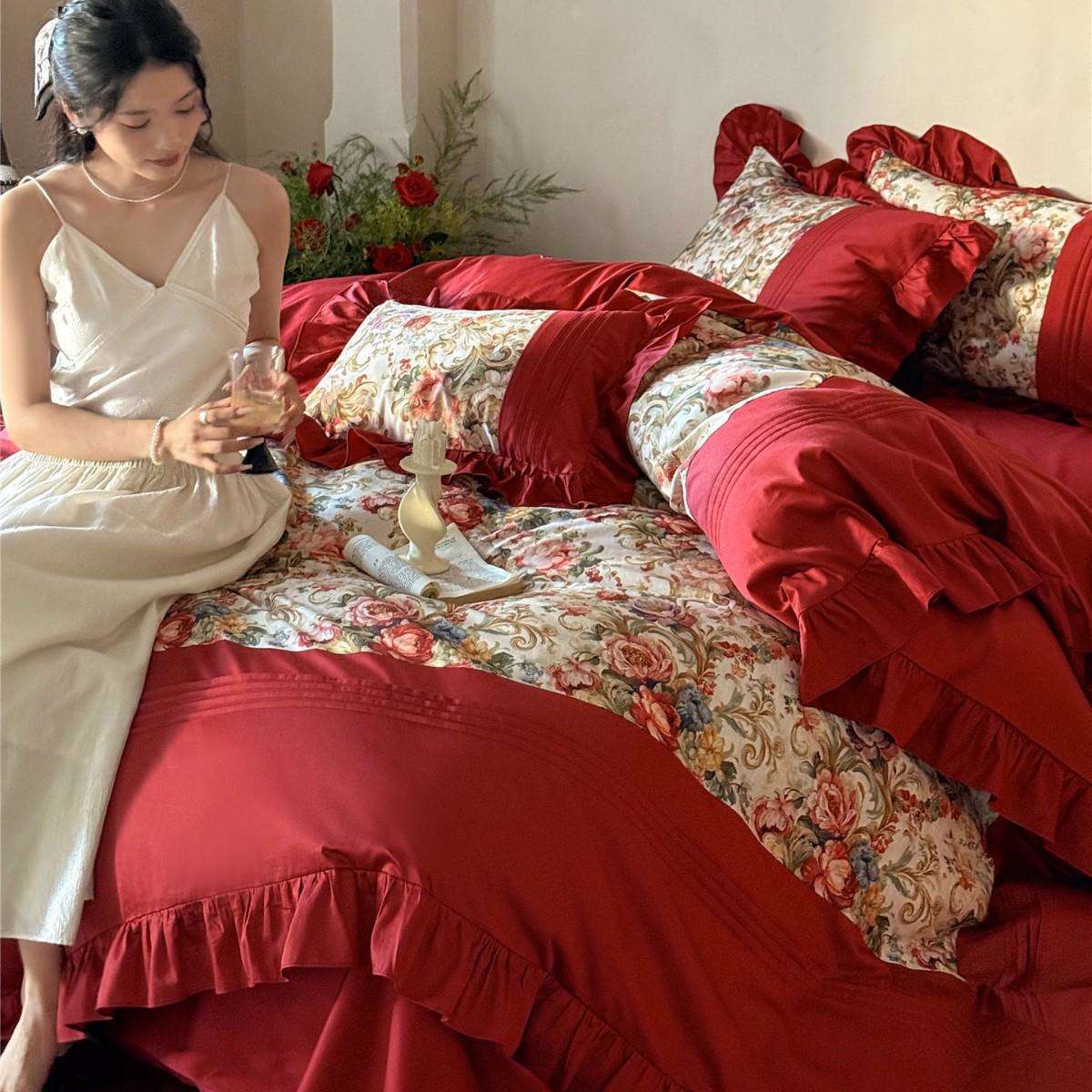 法式复古洛可可宫廷印花结婚喜庆大红床品纯棉长绒棉四件套家纺