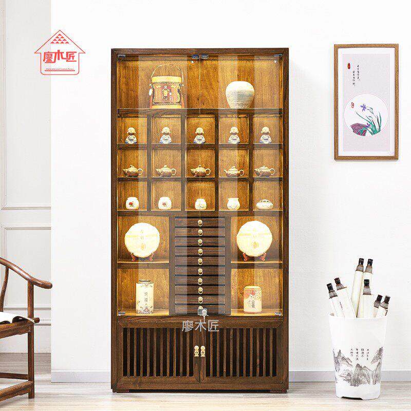 新中式实木货架玻璃展示柜榆木陈列架置物架紫砂壶茶具格子茶杯架