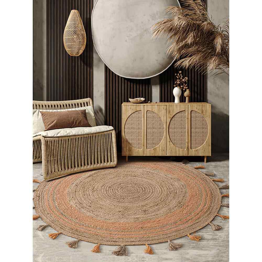 原木风格黄麻手工编织流苏圆形大地毯家庭卧室床边毯子学习圆形地