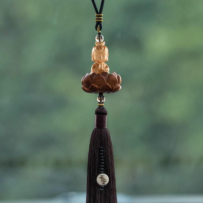 高档林静黄杨木佛佑一生汽车挂镜件车吊内品莲花饰平安车载后照吊