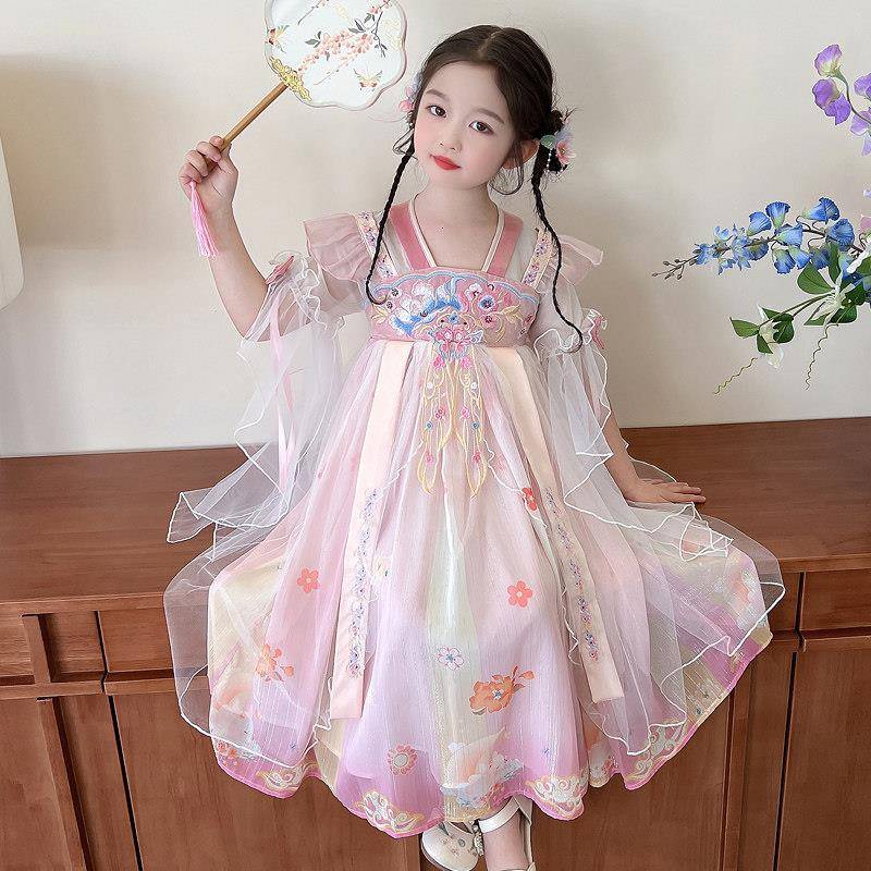 女童汉服公主裙唐装女孩连衣裙超仙雪纺汉服儿童古装襦裙中秋节