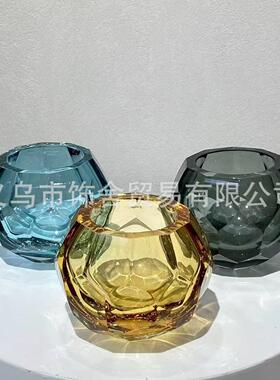 轻奢钻石切面水晶客厅餐桌琉璃摆件装饰插花厚重玻璃烛台花器摆件