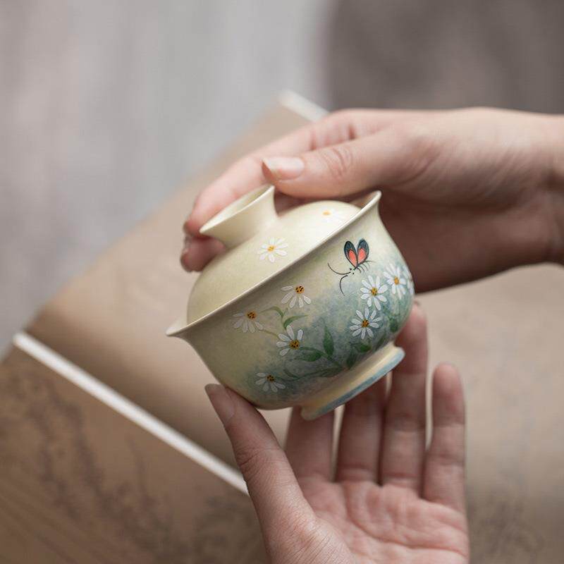手绘田园二才盖碗茶杯家用茶蛊手工高档陶瓷中式茶具女士泡茶碗