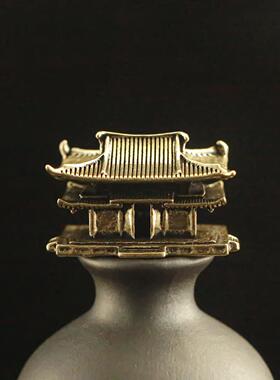 黄铜古楼复古建筑装饰创意小摆件书房假山奇石鱼缸造景立体金属品