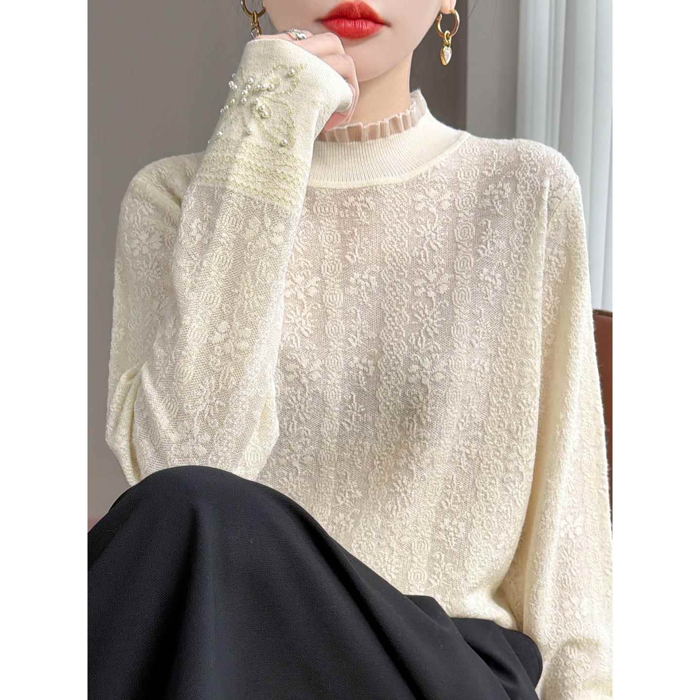 秋冬韩系温柔风高领蕾丝拼接打底衫女小众时尚加厚毛衣洋气1212u