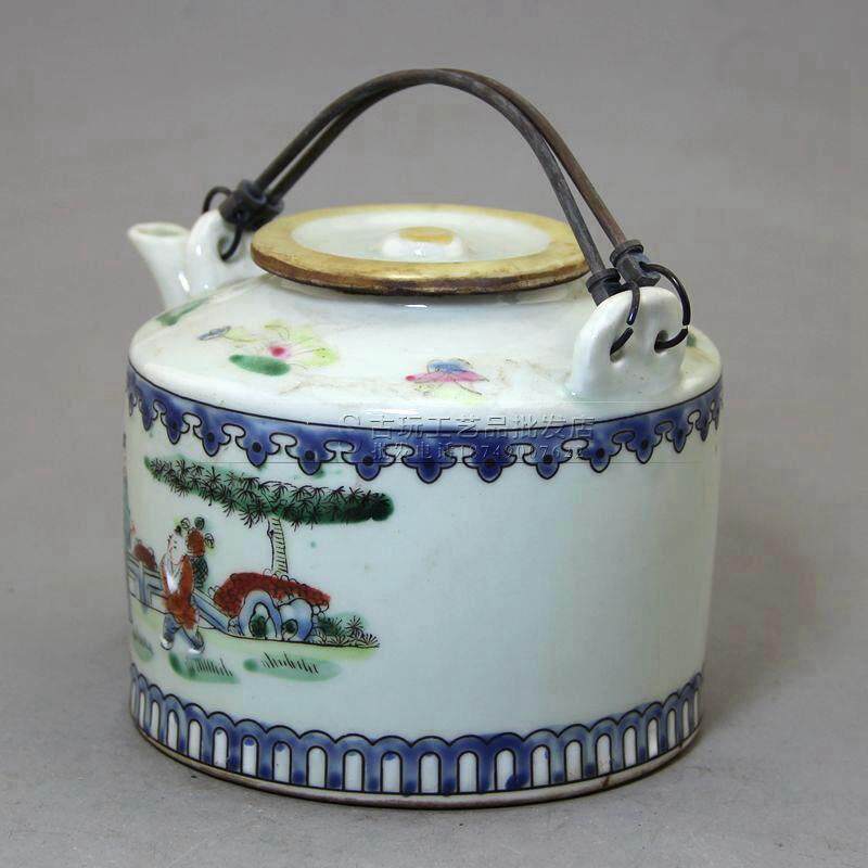古玩工艺品厂家现货收藏复古做旧瓷器人物茶壶摆件