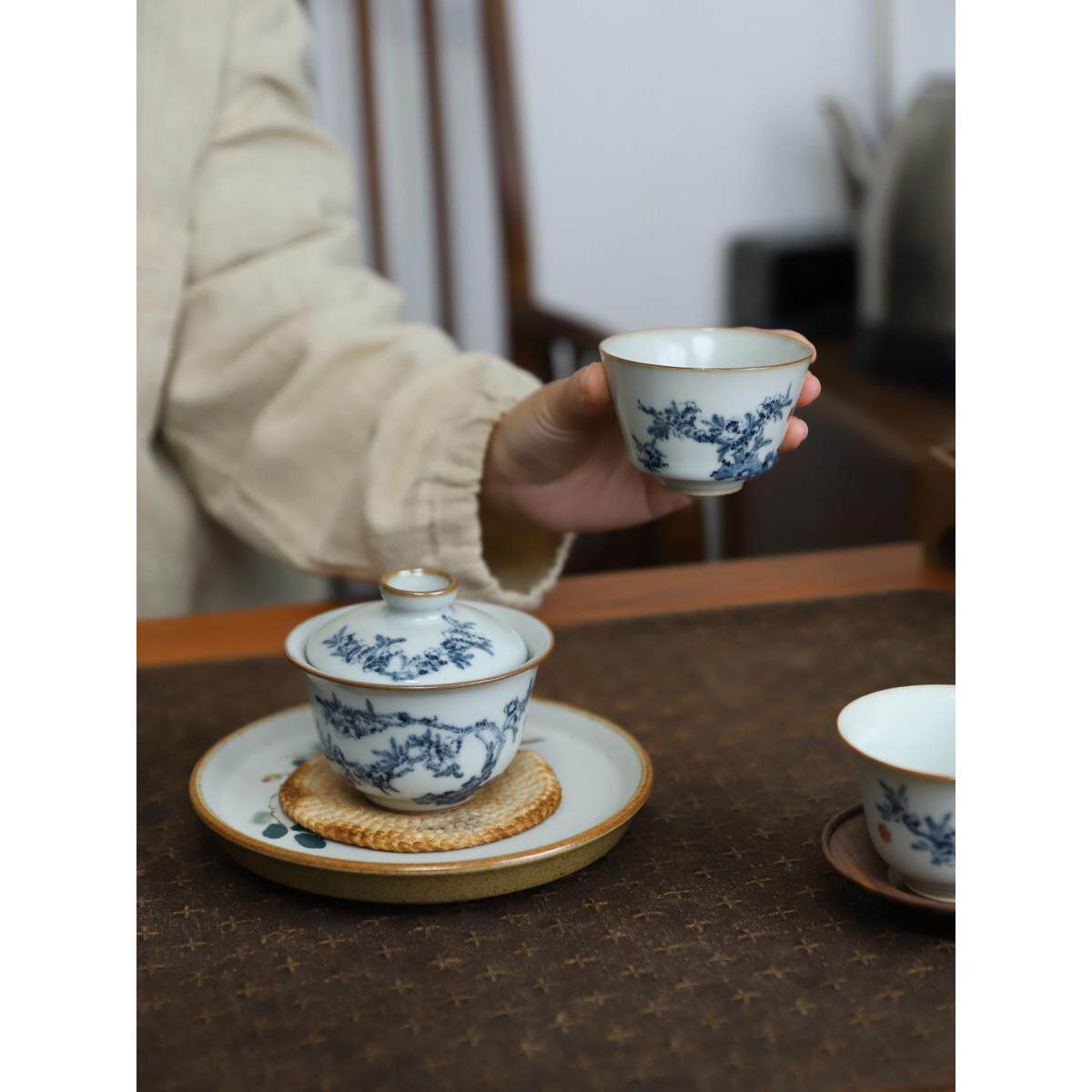 方无极手工汝窑盖碗茶杯套装手绘青花碗景德镇陶瓷功夫茶具套装