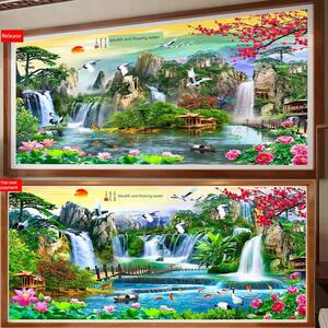 流水生财十字绣成品纯手工绣好的迎客松聚宝盆新款客厅风景山水画