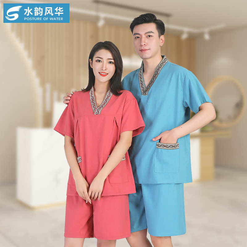 2024年新款贡麻民族风浴服中国风桑拿服睡衣汗蒸服 采耳温泉足疗