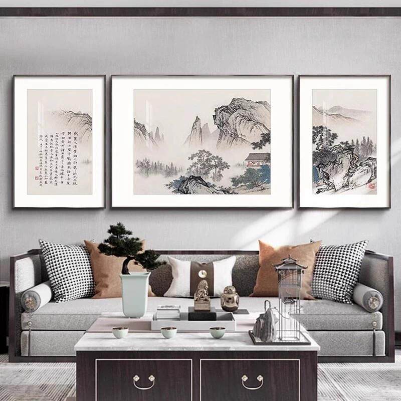 新中式客厅装饰画沙发背景墙三联画办公室壁画国画山水画书房挂画