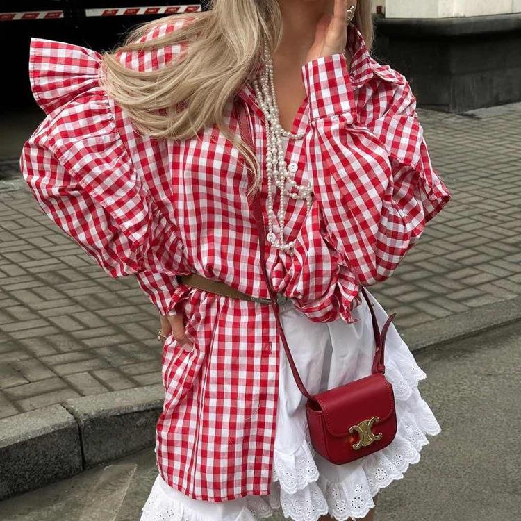 Cotton plaid women's shirt with ruffled edges, long图片