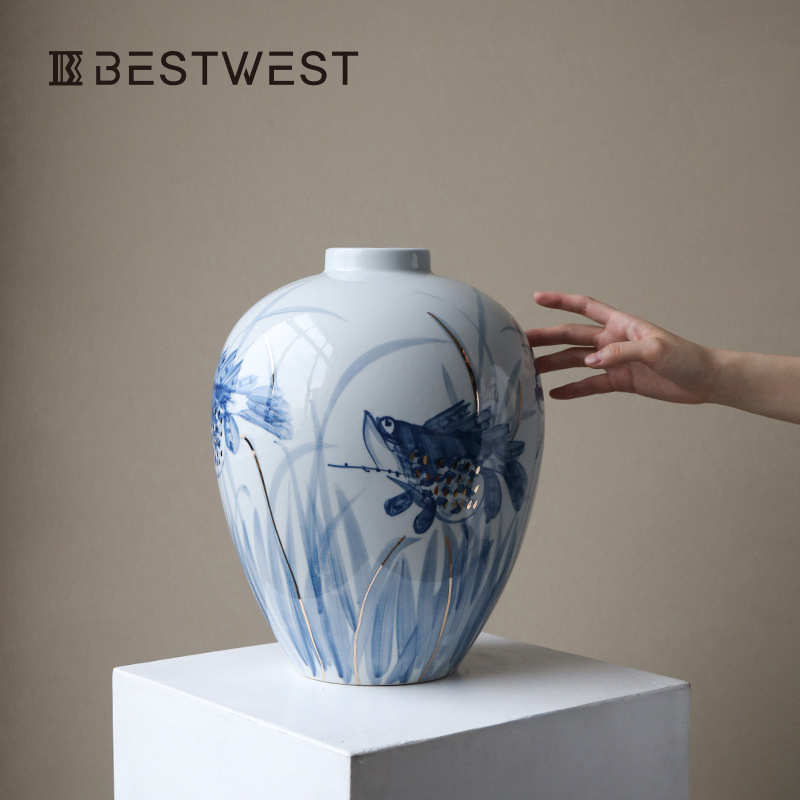 轻奢高级感青花瓷花瓶摆件景德镇陶瓷花器新中式客厅餐桌水培器皿