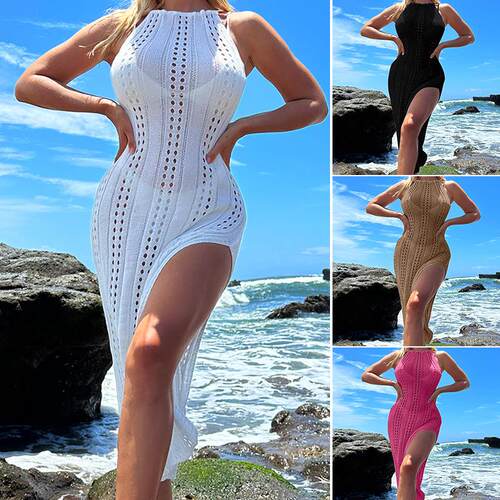 Women'S Solid Backless Split Thigh Halter Cover Up Dress