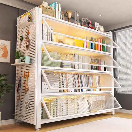 钢制书柜带门儿童书架防尘储物柜落地卧室置物架客厅展示柜收纳柜