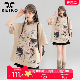keiko小鹿卡通印花短袖t恤女2024夏季新美式(新美式)休闲棉质宽松上衣潮