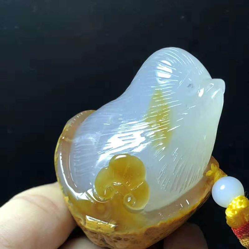 原皮透玛瑙玉髓小鸟.小鸡出窝手把件一图一物抓住机遇手工艺