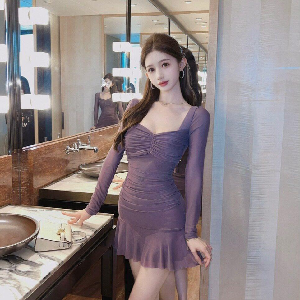 夜店女装夜场性感洋装2025年新款辣妹褶皱修身长袖荷叶边洋装