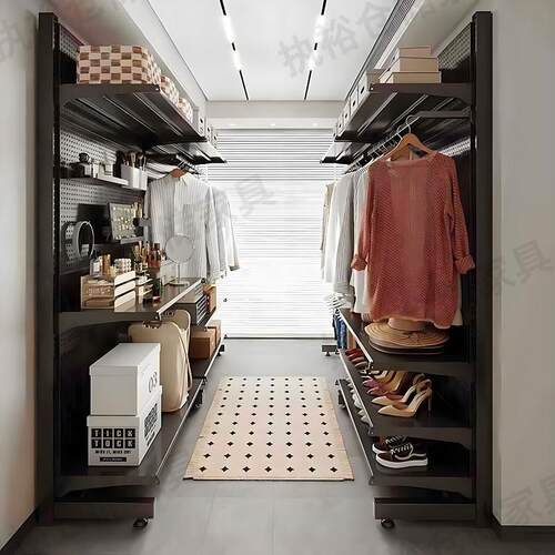 简约现代衣架金属洞洞板挂衣架一体落地铁艺收纳衣柜开放式衣帽间