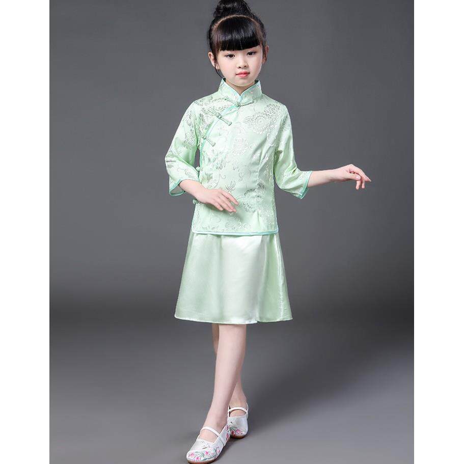 高档民国风儿童套六一装古筝古琴琵琶舞演出服改良旗袍女裙毕蹈业