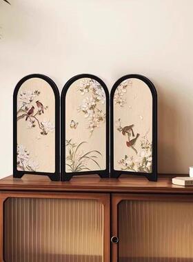 新中式花鸟屏风桌面摆件创意装饰画中古风摆画可折叠礼物2025新款