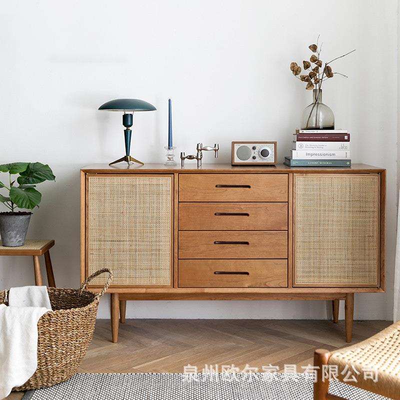 北欧实木餐边柜简约餐厅备餐收纳碗柜家用厨房藤编玄关柜茶水柜