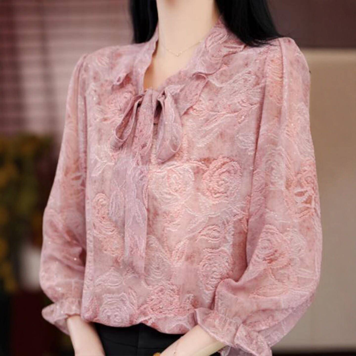 极速早春粉色飘带衬衫春季新款七分袖女士衬衣Q妈妈宽松气质短款