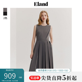 Eland衣恋无袖连衣裙女圆领百褶裙摆高腰中长裙子2024夏季