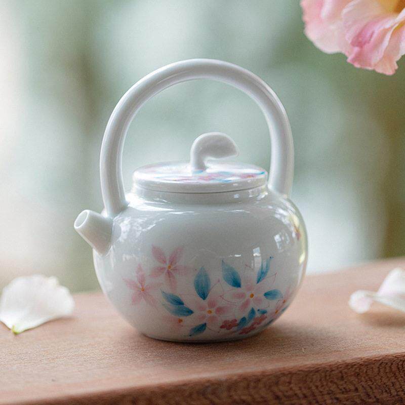 束刻 小清新凌霄花提梁壶陶瓷手绘茶壶女士一人用茶具泡茶壶壶