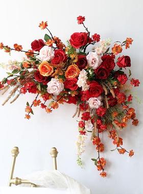 新布款手拿排婚礼舞庆台仿花真花高端置DBI道具花红色婚花艺