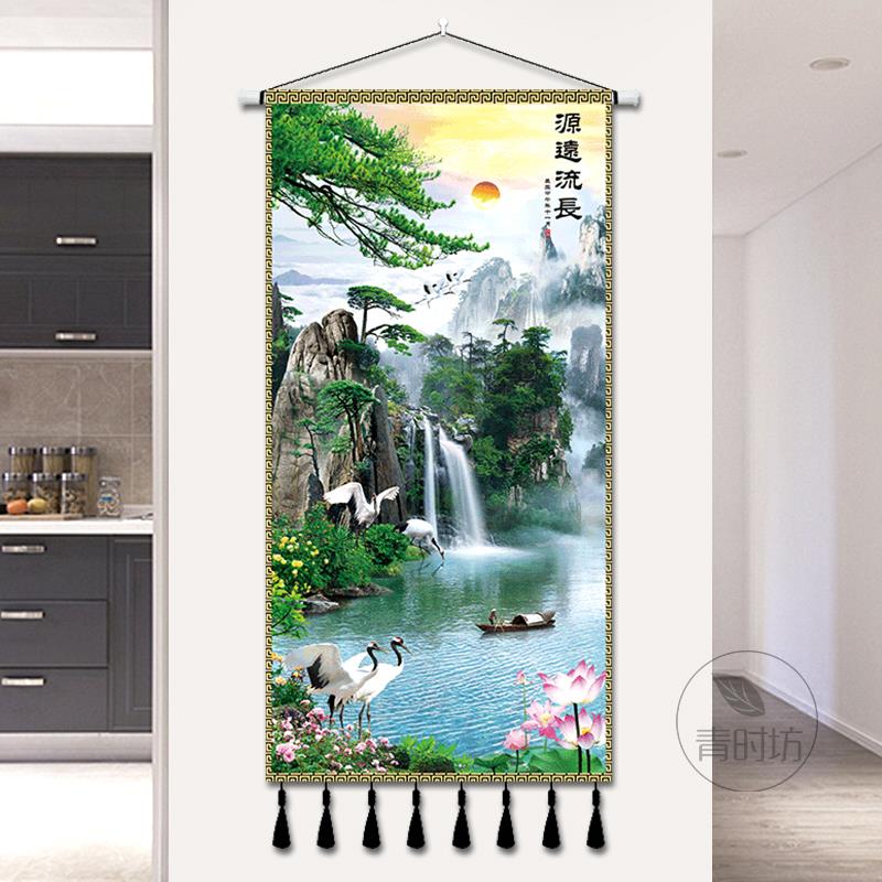 中式山水画挂布背景布流水玄关客厅书房隔断装饰挂毯定制布艺挂画